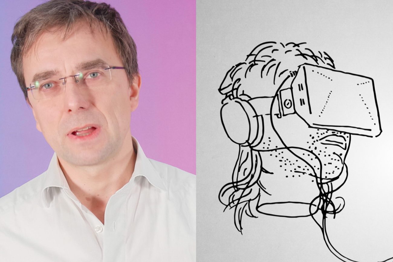 Links im BIld Forscher Martin Krzywdzinski, daneben eine Zeichung Mensch mit Datenrbrille